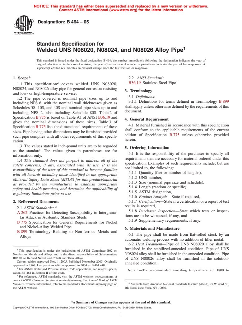 ASTM B464-05 - Standard Specification for Welded UNS N08020, N08024, and N08026 Alloy Pipe