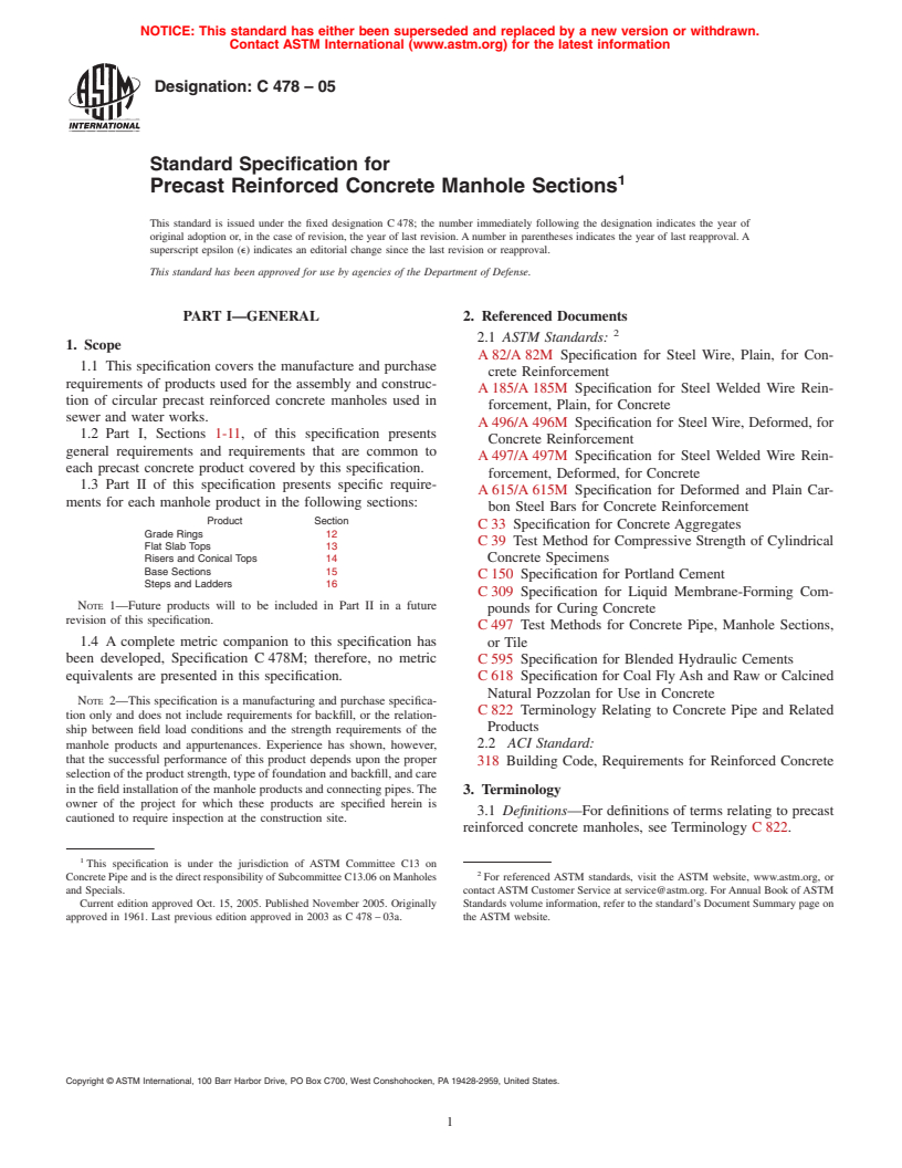 ASTM C478-05 - Standard Specification for Precast Reinforced Concrete Manhole Sections