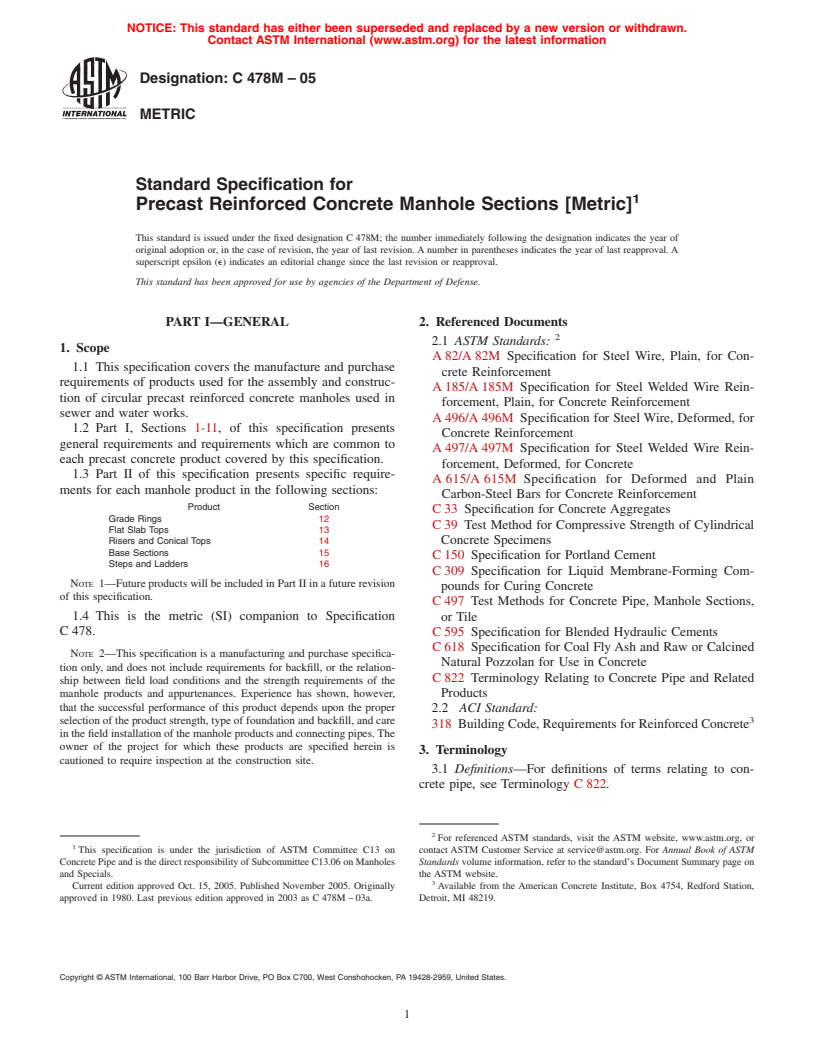 ASTM C478M-05 - Standard Specification for Precast Reinforced Concrete Manhole Sections [Metric]