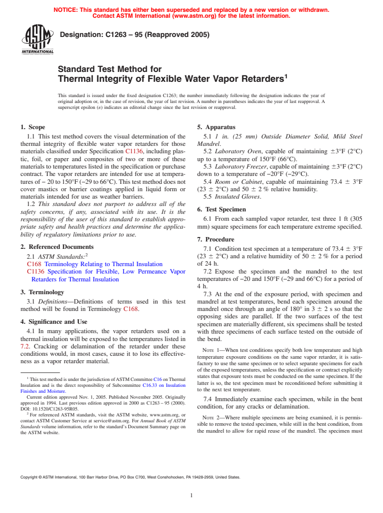 ASTM C1263-95(2005) - Standard Test Method for Thermal Integrity of Flexible Water Vapor Retarders