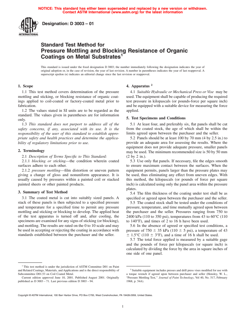 ASTM D3003-01 - Standard Test Method for Pressure Mottling and Blocking Resistance of Organic Coatings on Metal Substrates