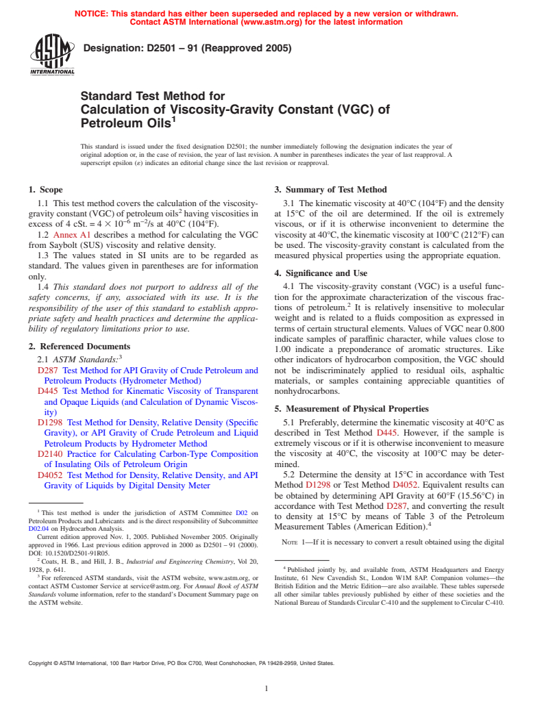 ASTM D2501-91(2005) - Standard Test Method for Calculation of Viscosity-Gravity Constant (VGC) of Petroleum Oils