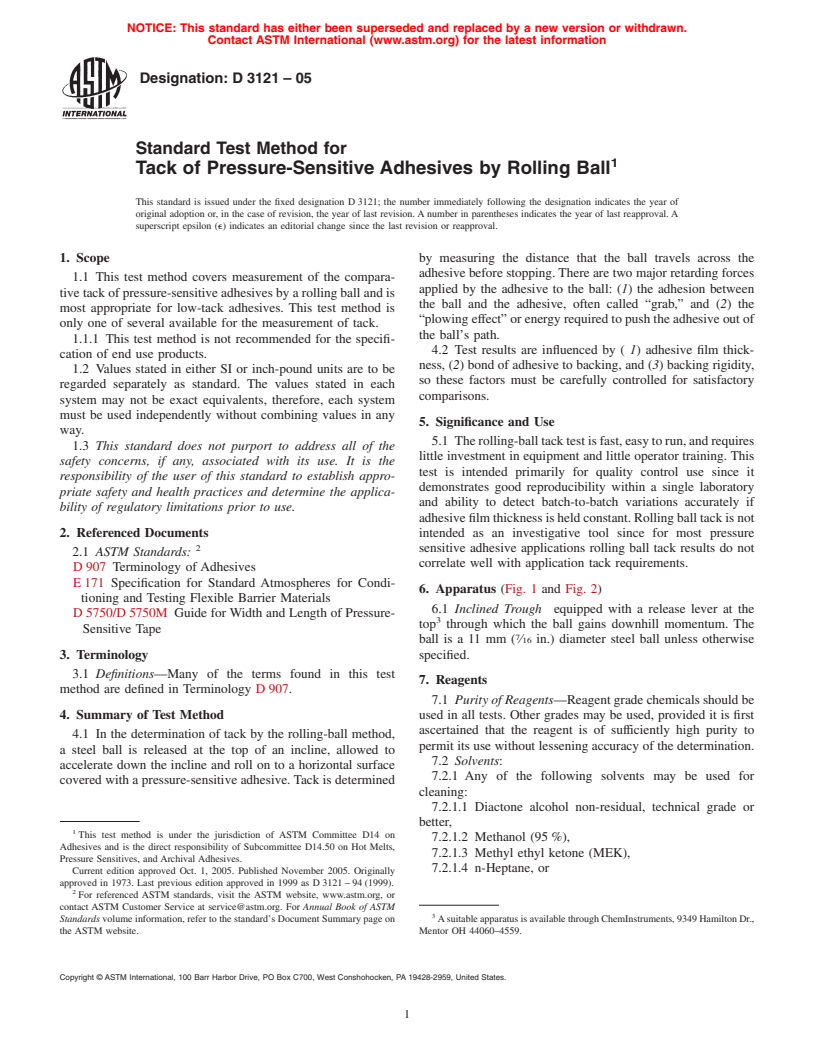 ASTM D3121-05 - Standard Test Method for Tack of Pressure-Sensitive Adhesives by Rolling Ball