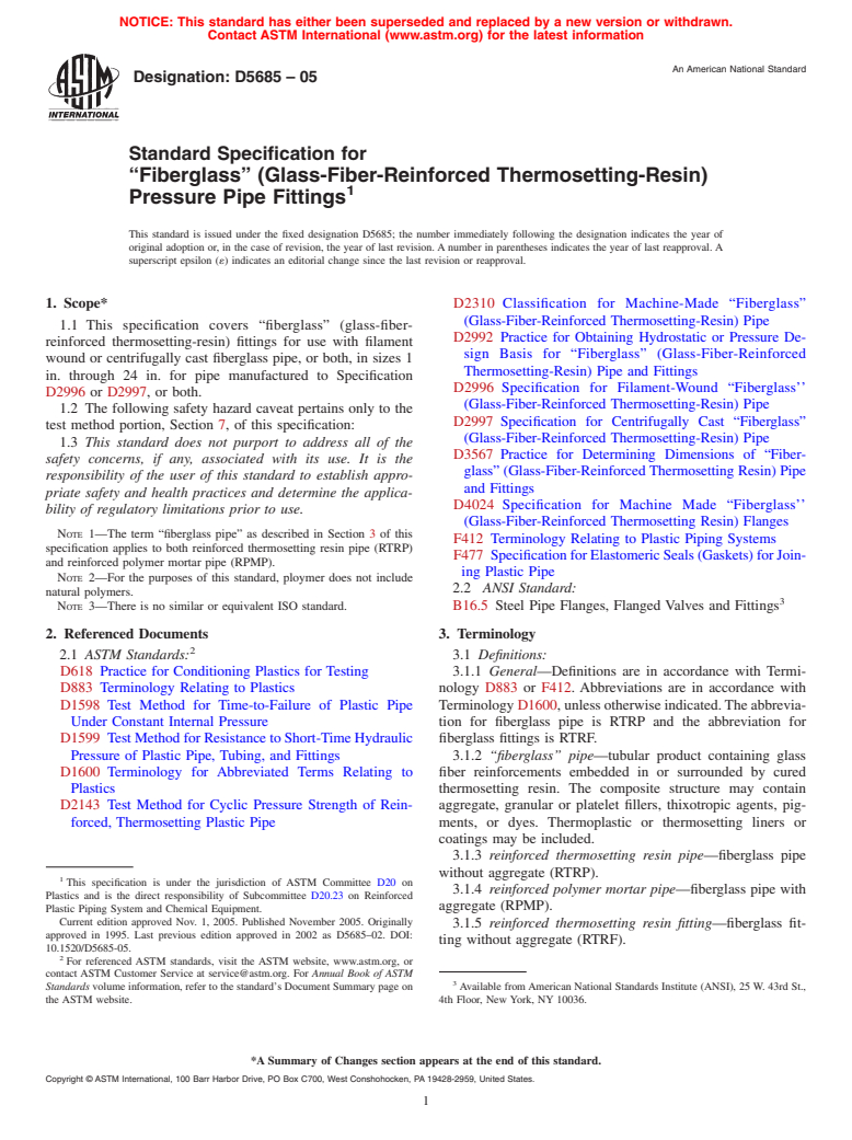 ASTM D5685-05 - Standard Specification for "Fiberglass" (Glass-Fiber-Reinforced Thermosetting-Resin) Pressure Pipe Fittings