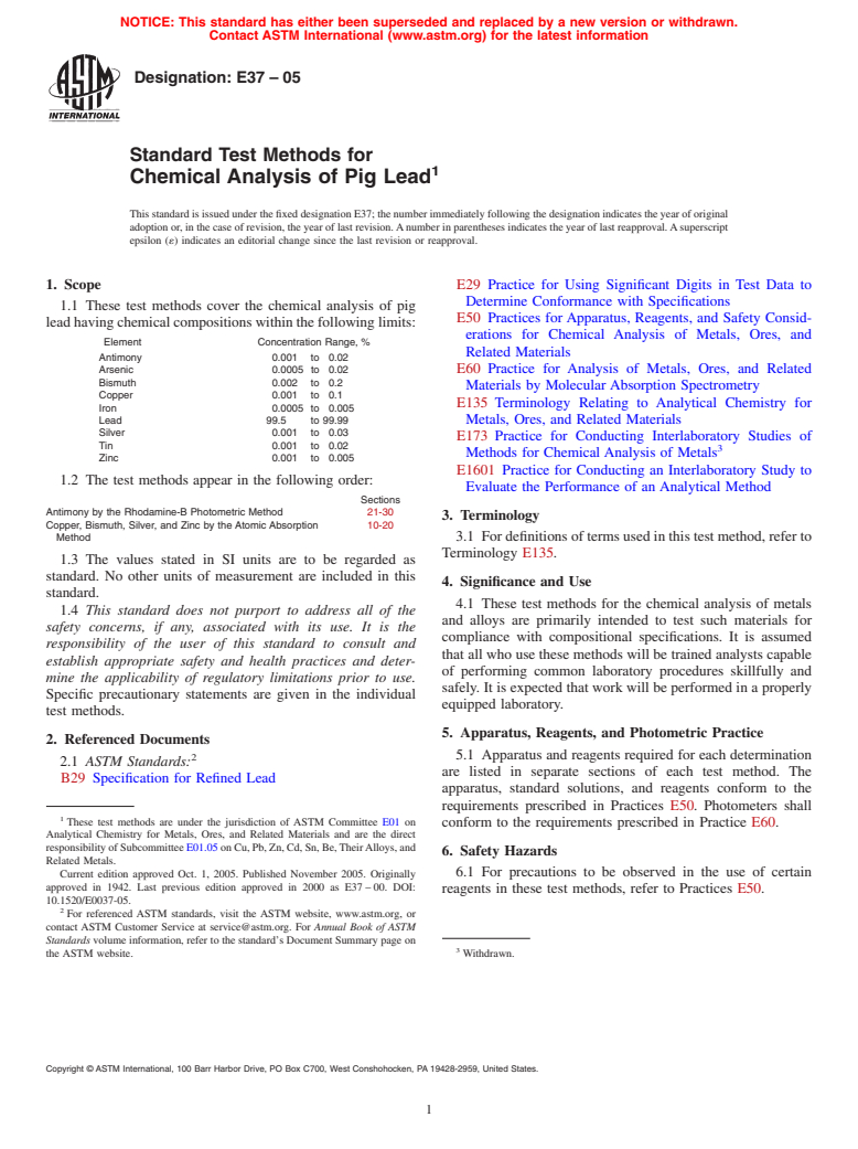 ASTM E37-05 - Standard Test Methods for Chemical Analysis of Pig Lead