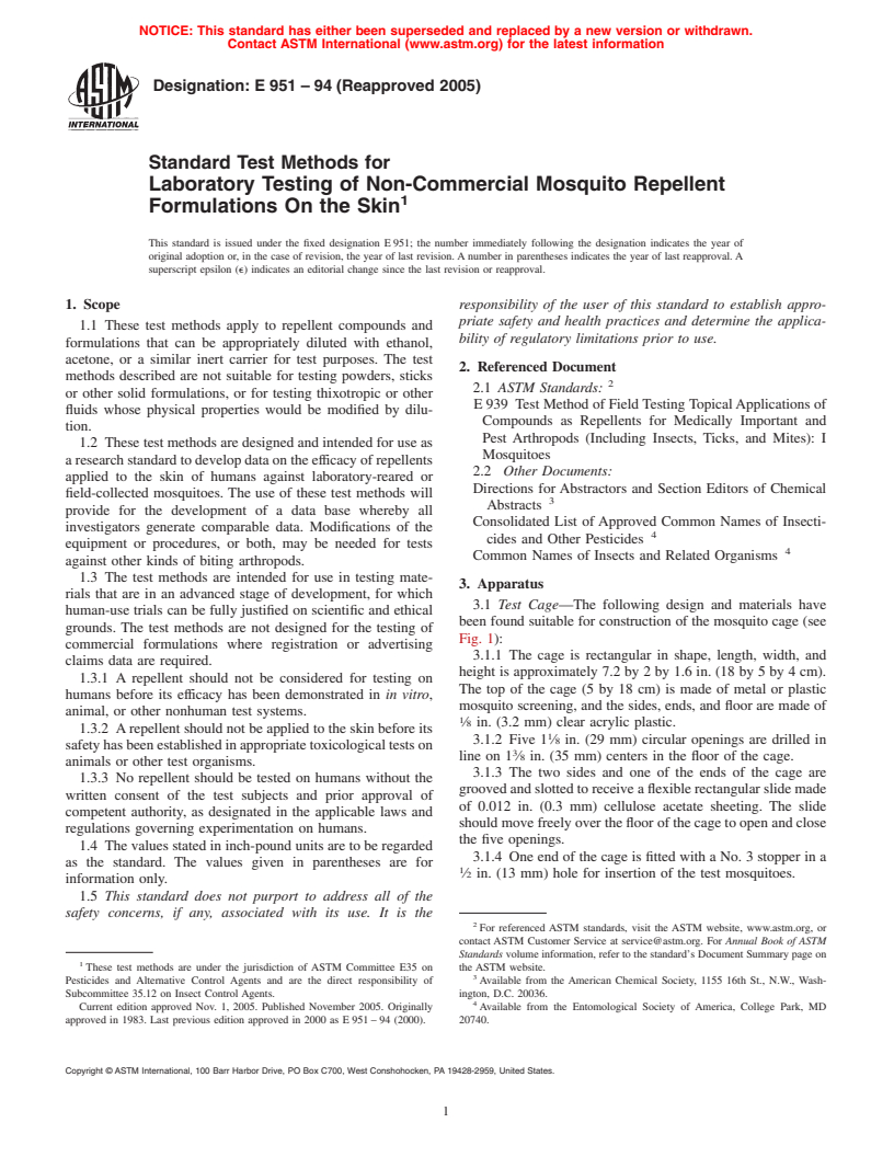 ASTM E951-94(2005) - Standard Test Methods for Laboratory Testing of Non-Commercial Mosquito Repellent Formulations On the Skin