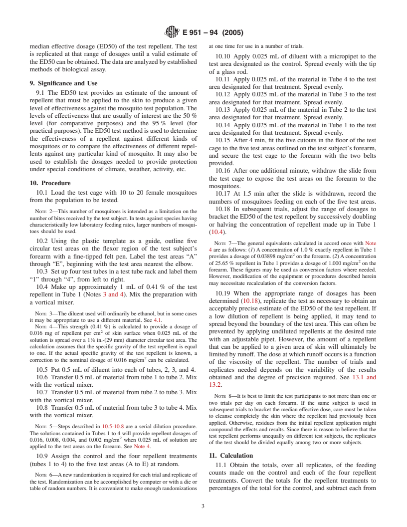 ASTM E951-94(2005) - Standard Test Methods for Laboratory Testing of Non-Commercial Mosquito Repellent Formulations On the Skin