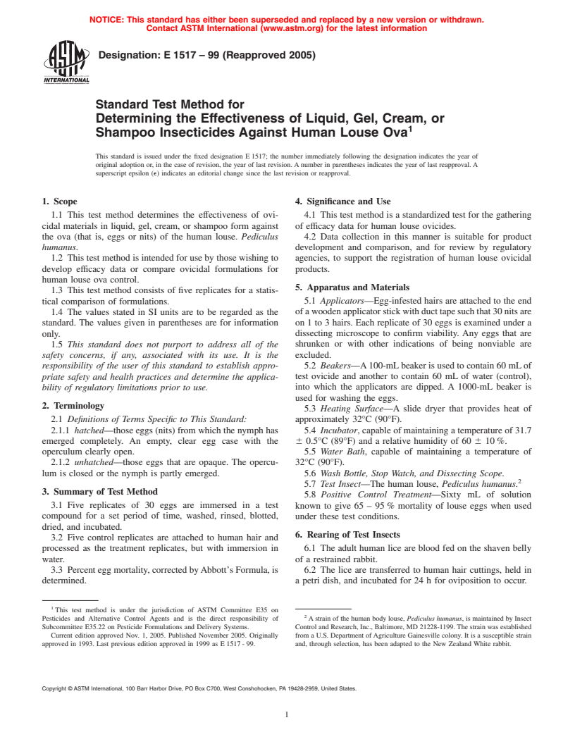 ASTM E1517-99(2005) - Standard Test Method for Determining the Effectiveness of Liquid, Gel, Cream, or Shampoo Insecticides Against Human Louse Ova