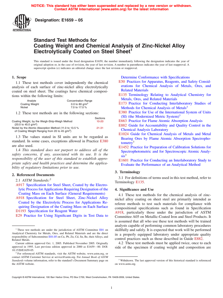 ASTM E1659-05 - Standard Test Methods Coating Weight and Chemical Analysis of Zinc-Nickel Alloy Electrolytically Coated on Steel Sheet