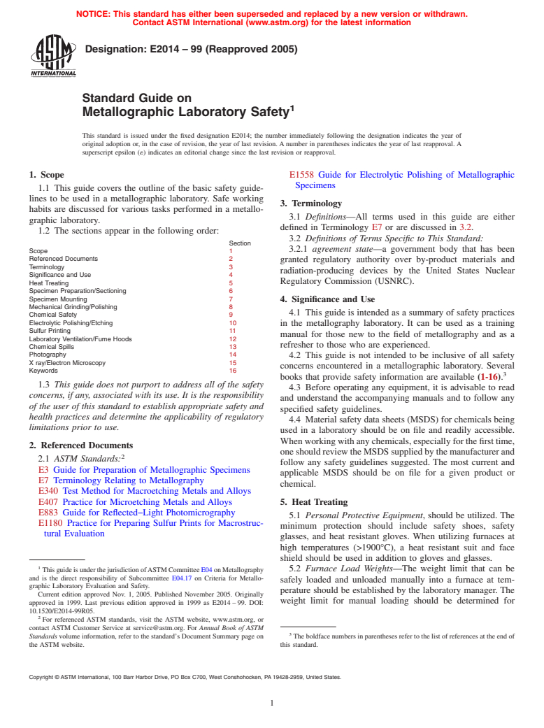 ASTM E2014-99(2005) - Standard Guide on Metallographic Laboratory Safety