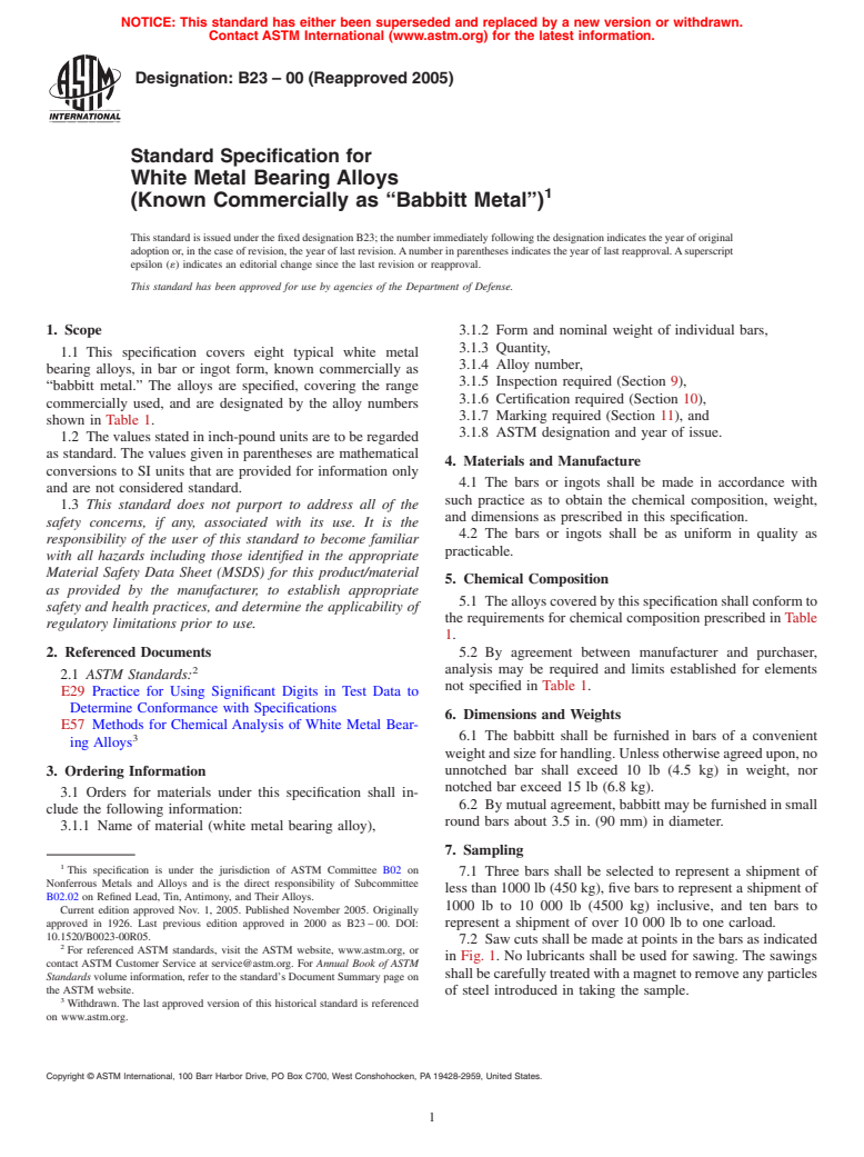 ASTM B23-00(2005) - Standard Specification for White Metal Bearing Alloys (Known Commercially as "Babbitt Metal")