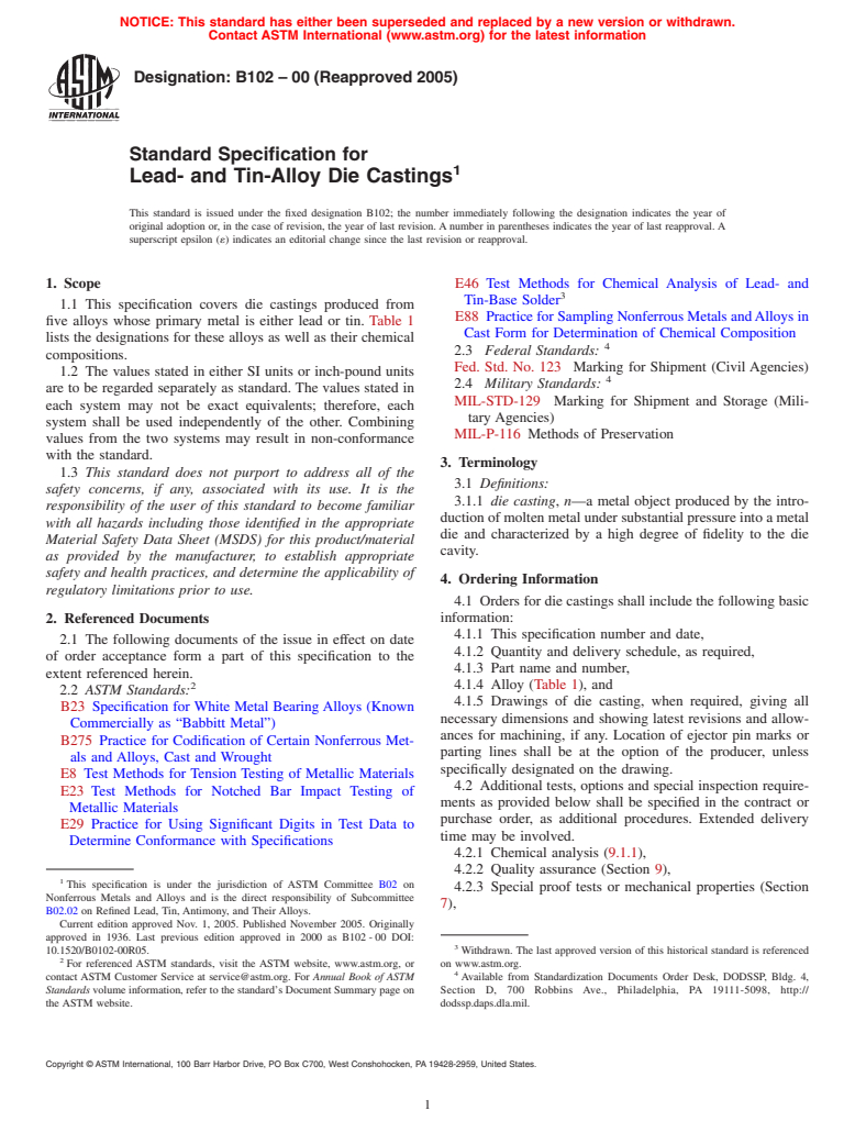 ASTM B102-00(2005) - Standard Specification for Lead- and Tin-Alloy Die Castings (Withdrawn 2011)