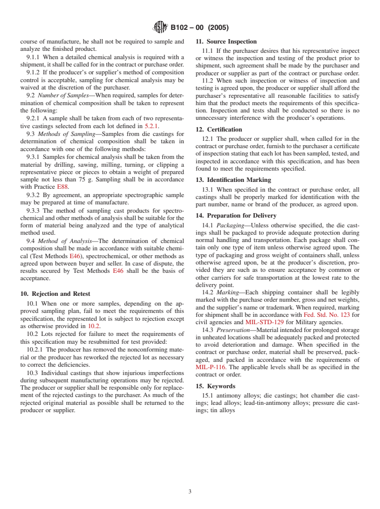 ASTM B102-00(2005) - Standard Specification for Lead- and Tin-Alloy Die Castings (Withdrawn 2011)