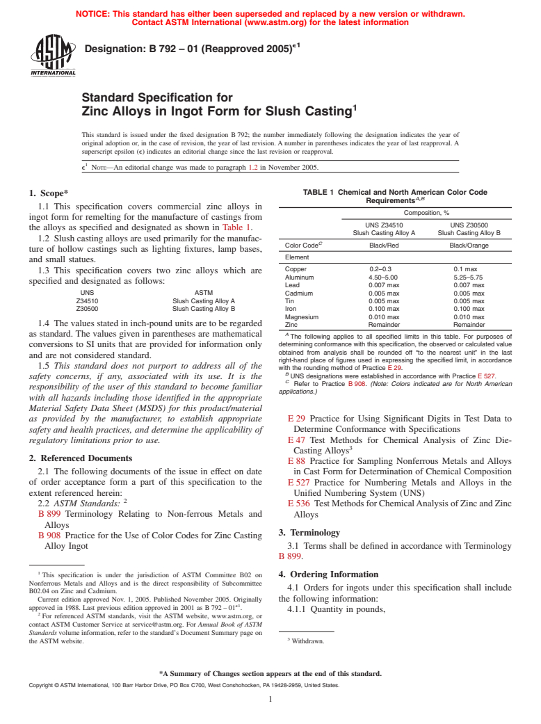 ASTM B792-01(2005)e1 - Standard Specification for Zinc Alloys in Ingot Form for Slush Casting