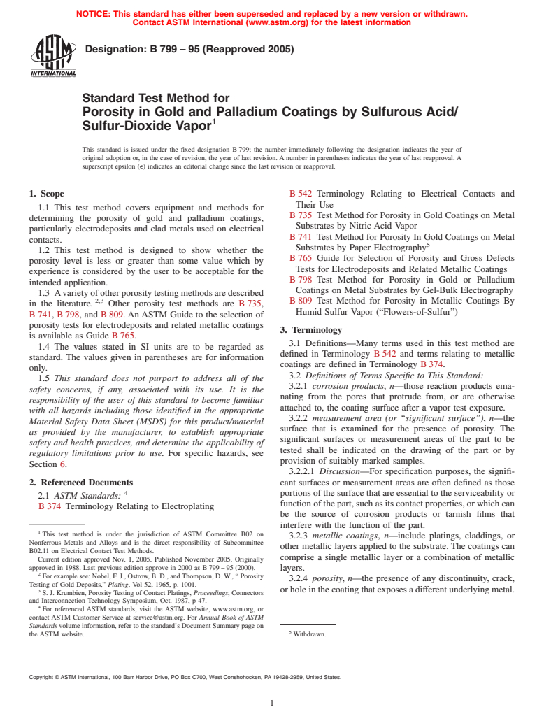 ASTM B799-95(2005) - Standard Test Method for Porosity in Gold and Palladium Coatings by Sulfurous Acid/Sulfur-Dioxide Vapor