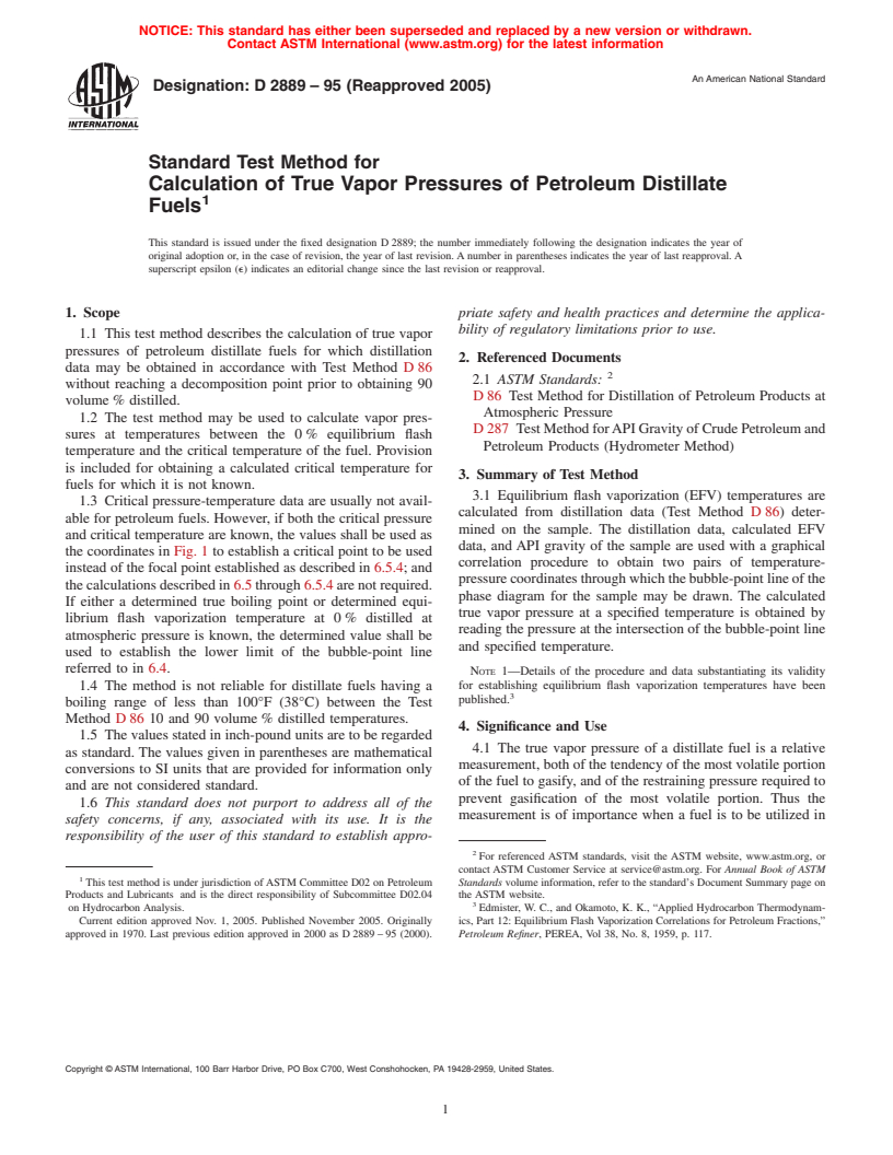 ASTM D2889-95(2005) - Standard Test Method for Calculation of True Vapor Pressures of Petroleum Distillate Fuels