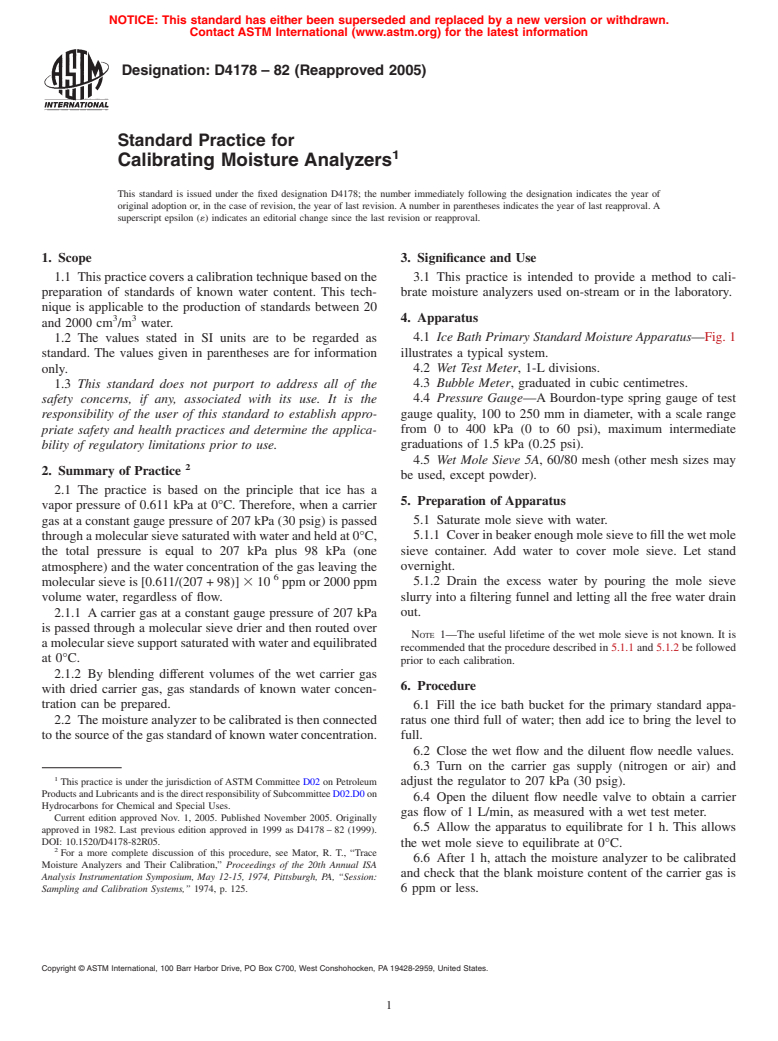 ASTM D4178-82(2005) - Standard Practice for Calibrating Moisture Analyzers