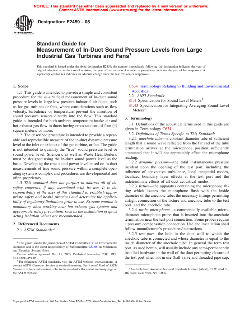 ASTM E2459-05 - Standard Guide for Measurement of In-Duct Sound Pressure Levels from Large Industrial Gas Turbines and Fans