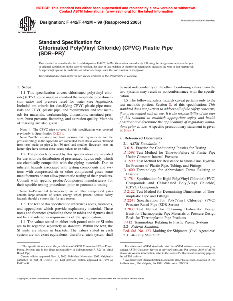 ASTM F442/F442M-99(2005) - Standard Specification for Chlorinated Poly(Vinyl Chloride) (CPVC) Plastic Pipe (SDR-PR)