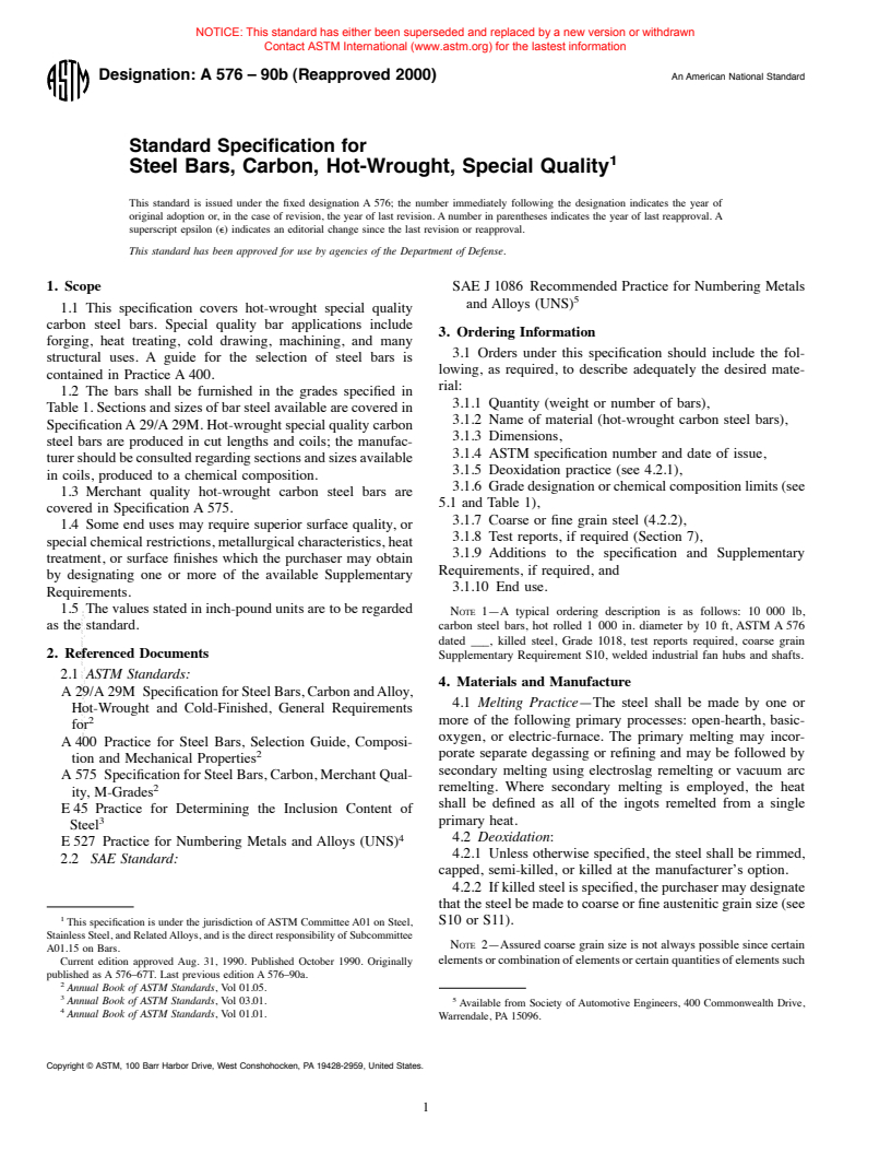 ASTM A576-90b(2000) - Standard Specification for Steel Bars, Carbon, Hot-Wrought, Special Quality