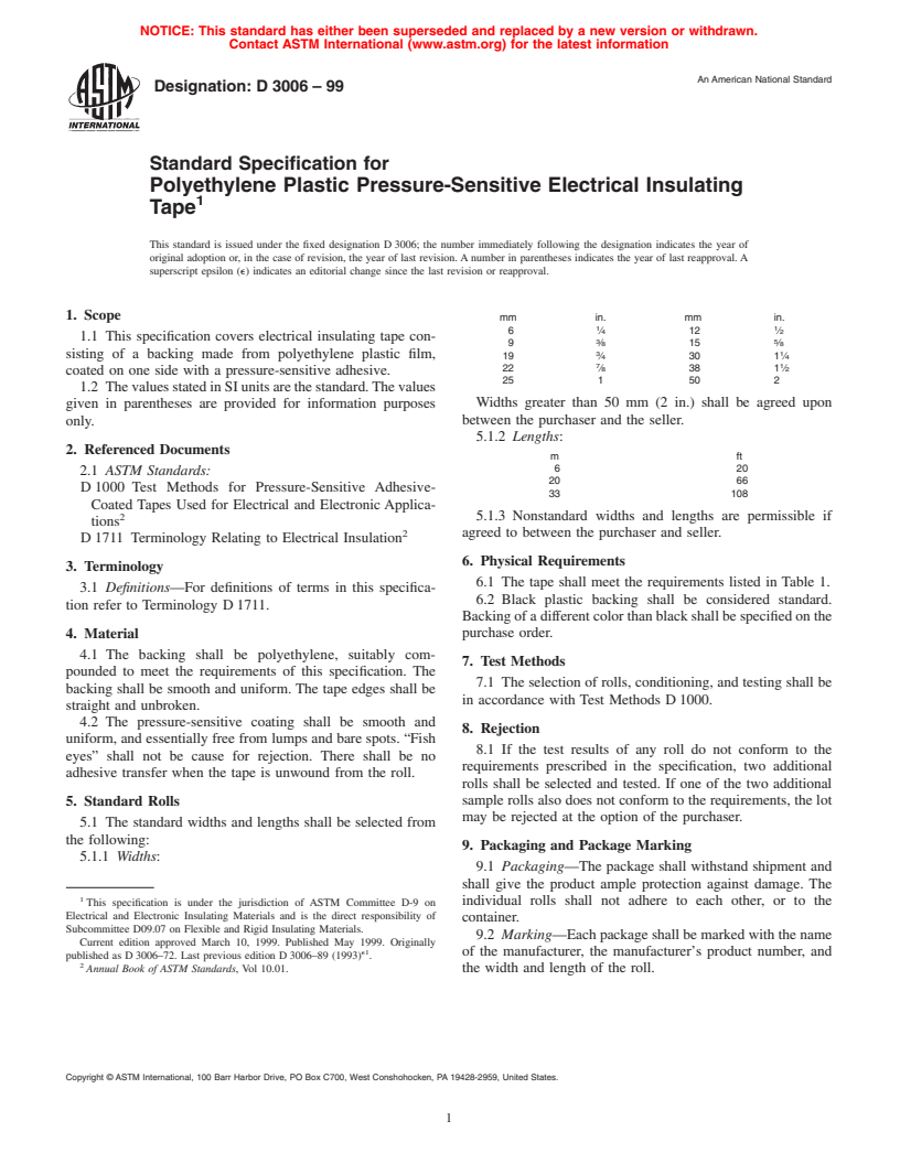 ASTM D3006-99 - Standard Specification for Polyethylene Plastic Pressure-Sensitive Electrical Insulating Tape