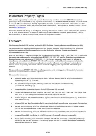 SIST EN 300 119-6 V1.1.1:2015 ETSI EN 300 119-6 V1.1.1 (2015-02) - Environmental Engineering (EE); European telecommunication standard for equipment practice; Part 6: Engineering requirements for harmonized racks and cabinets with extended features - Page 4 preview