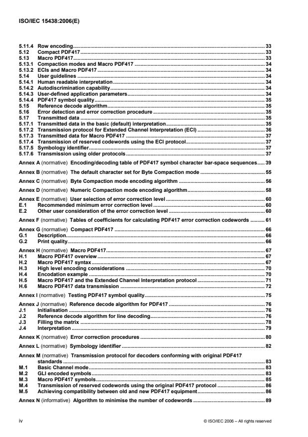 ISO/IEC 15438:2006 ISO/IEC 15438:2006 - Information technology -- Automatic identification and data capture techniques -- PDF417 bar code symbology specification - Page 4 preview