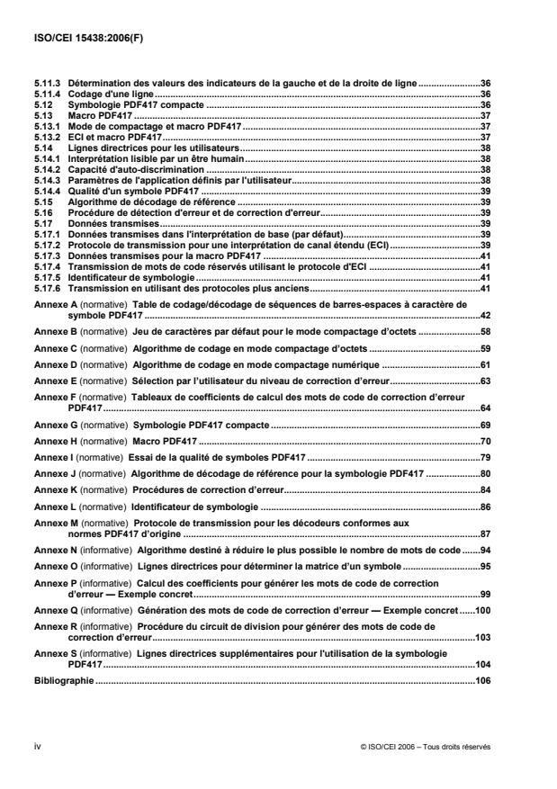 ISO/IEC 15438:2006 ISO/IEC 15438:2006 - Technologies de l'information -- Techniques automatiques d'identification et de capture des données -- Spécifications pour la symbologie de code a barres PDF417 - Page 4 preview