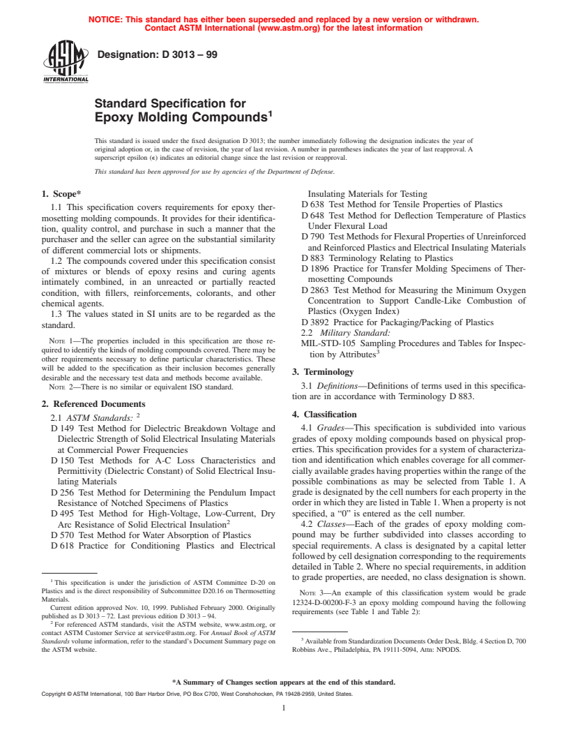 ASTM D3013-99 - Standard Specification for Epoxy Molding Compounds