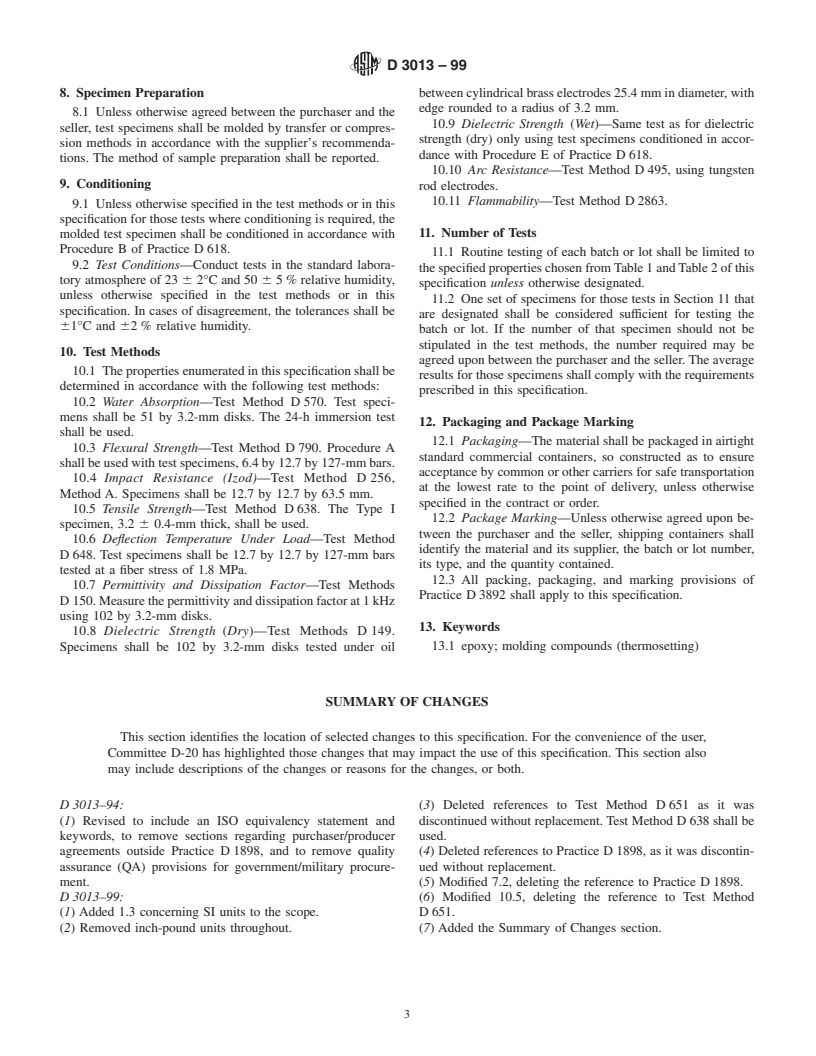 ASTM D3013-99 - Standard Specification for Epoxy Molding Compounds