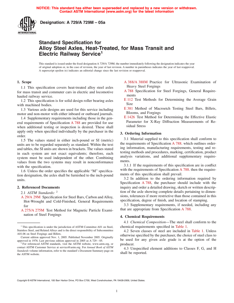 ASTM A729/A729M-05a - Standard Specification for Alloy Steel Axles, Heat-Treated, for Mass Transit and Electric Railway Service