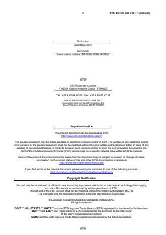 SIST EN 301 502 V12.1.1:2015 ETSI EN 301 502 V12.1.1 (2015-03) - Global System for Mobile communications (GSM); Harmonized EN for Base Station Equipment covering the essential requirements of article 3.2 of the R&TTE Directive - Page 2 preview