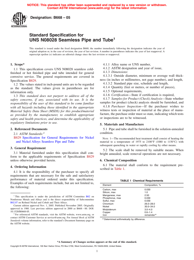 ASTM B668-05 - Standard Specification for UNS N08028 Seamless Pipe and Tube