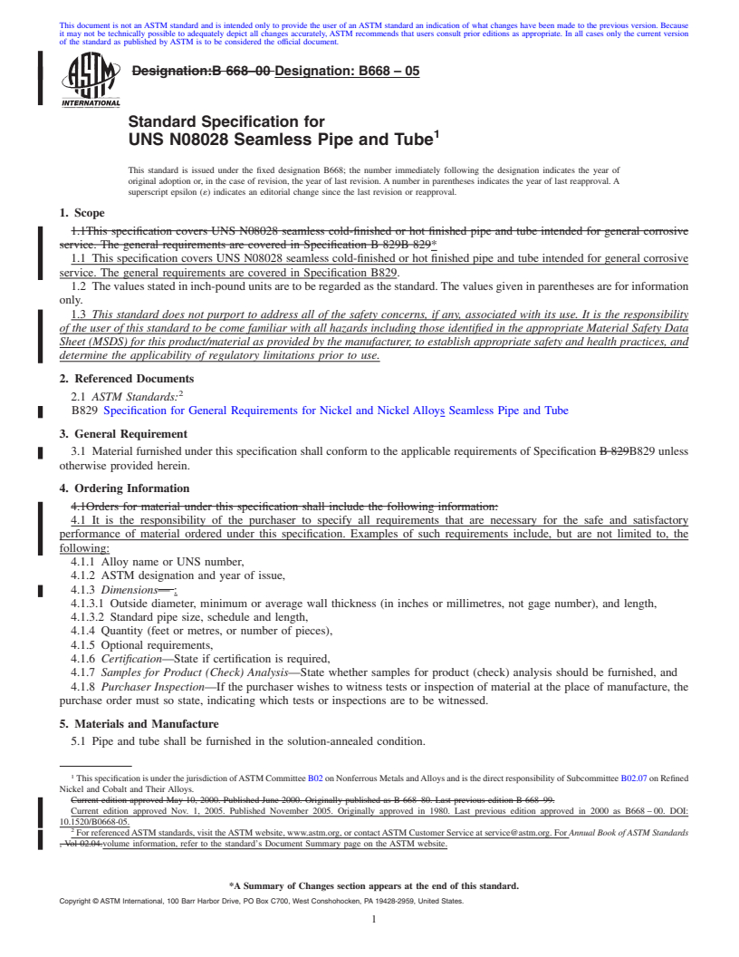 REDLINE ASTM B668-05 - Standard Specification for UNS N08028 Seamless Pipe and Tube