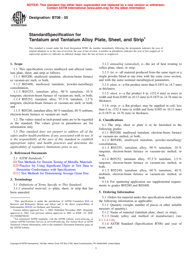 ASTM B708-05 - Standard Specification for Tantalum and Tantalum Alloy Plate, Sheet, and Strip