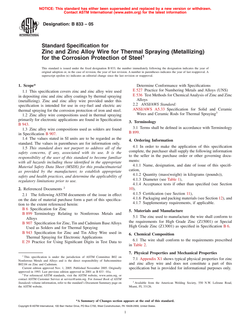 ASTM B833-05 - Specification for Zinc and Zinc Alloy Wire for Thermal Spraying (Metallizing) for the Corrosion Protection of Steel