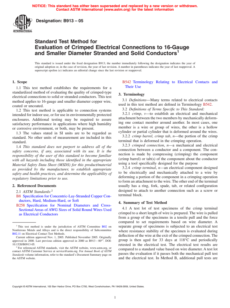 ASTM B913-05 - Standard Test Method for Evaluation of Crimped Electrical Connections to 16-Gauge and Smaller Diameter Stranded and Solid Conductors