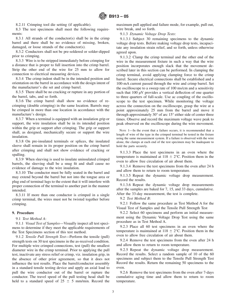 ASTM B913-05 - Standard Test Method for Evaluation of Crimped Electrical Connections to 16-Gauge and Smaller Diameter Stranded and Solid Conductors