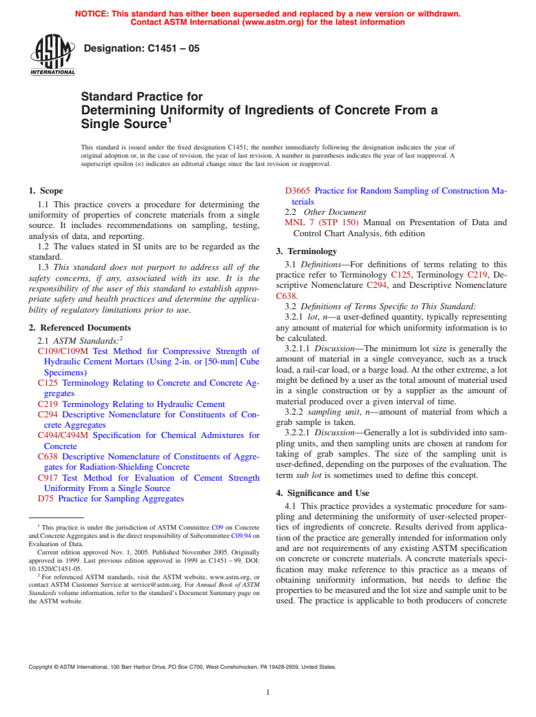 ASTM C1451-05 - Standard Practice for Determining Uniformity of Ingredients of Concrete From a Single Source