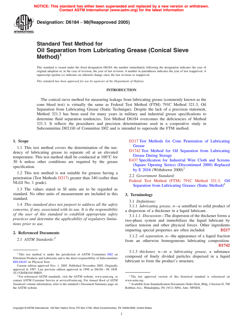 ASTM D6184-98(2005) - Standard Test Method for Oil Separation from Lubricating Grease (Conical Sieve Method) (Withdrawn 2014)