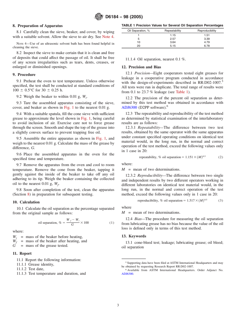 ASTM D6184-98(2005) - Standard Test Method for Oil Separation from Lubricating Grease (Conical Sieve Method) (Withdrawn 2014)