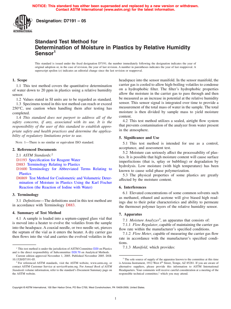 ASTM D7191-05 - Standard Test Method for Determination of Moisture in Plastics by Relative Humidity Sensor