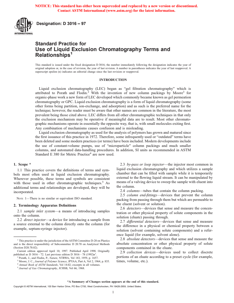 ASTM D3016-97 - Standard Practice for Use of Liquid Exclusion Chromatography Terms and Relationships