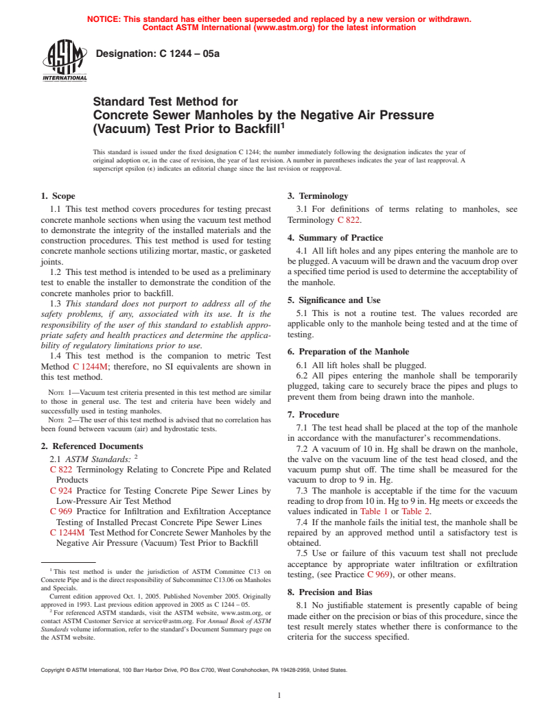 ASTM C1244-05a - Standard Test Method for Concrete Sewer Manholes by the Negative Air Pressure (Vacuum) Test Prior to Backfill