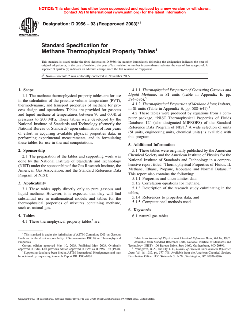 ASTM D3956-93(2003)e1 - Standard Specification for Methane Thermophysical Property Tables