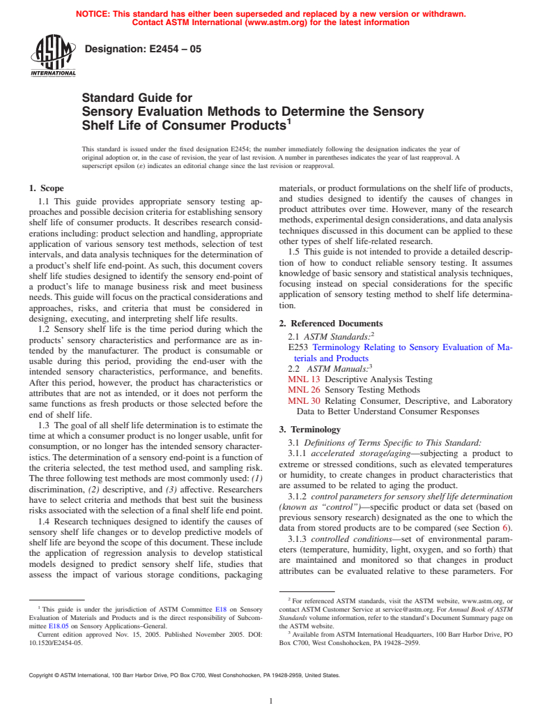 ASTM E2454-05 - Standard Guide for Sensory Evaluation Methods to Determine the Sensory Shelf Life of Consumer Products