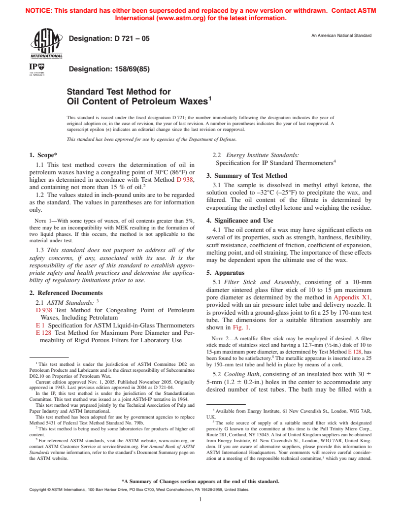 ASTM D721-05 - Standard Test Method for Oil Content of Petroleum Waxes