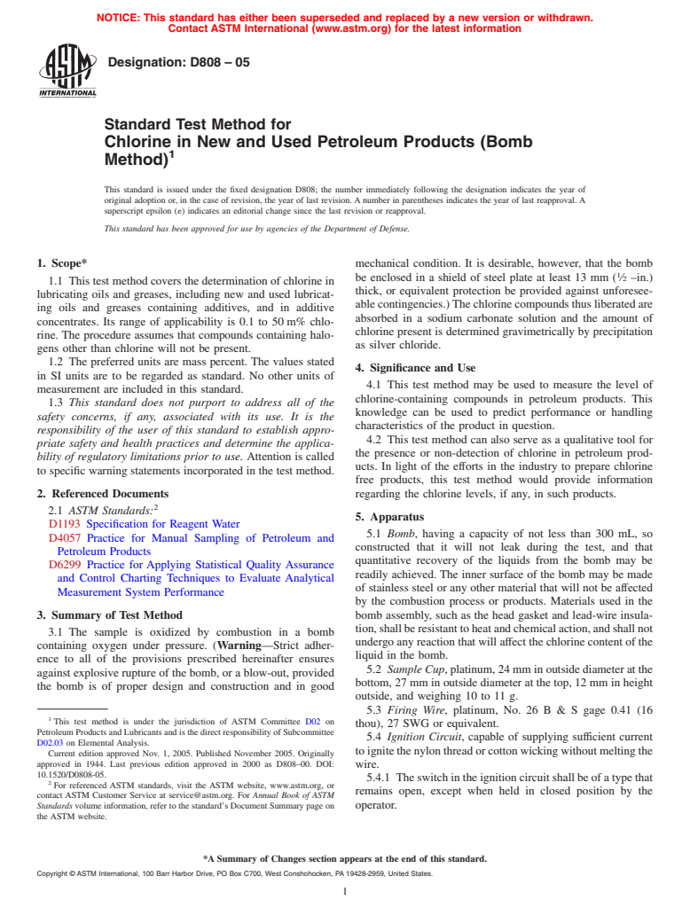 ASTM D808-05 - Standard Test Method for Chlorine in New and Used Petroleum Products (Bomb Method)