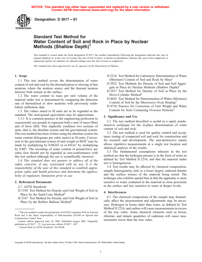 ASTM D3017-01 - Standard Test Method for Water Content of Soil and Rock in Place by Nuclear Methods (Shallow Depth)