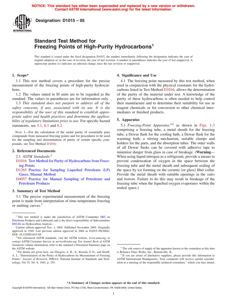 ASTM D1015-05 - Standard Test Method for Freezing Points of High-Purity Hydrocarbons